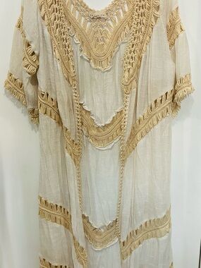 Dreamers Boho Crochet Trim Maxi cover up in Cream and Tan